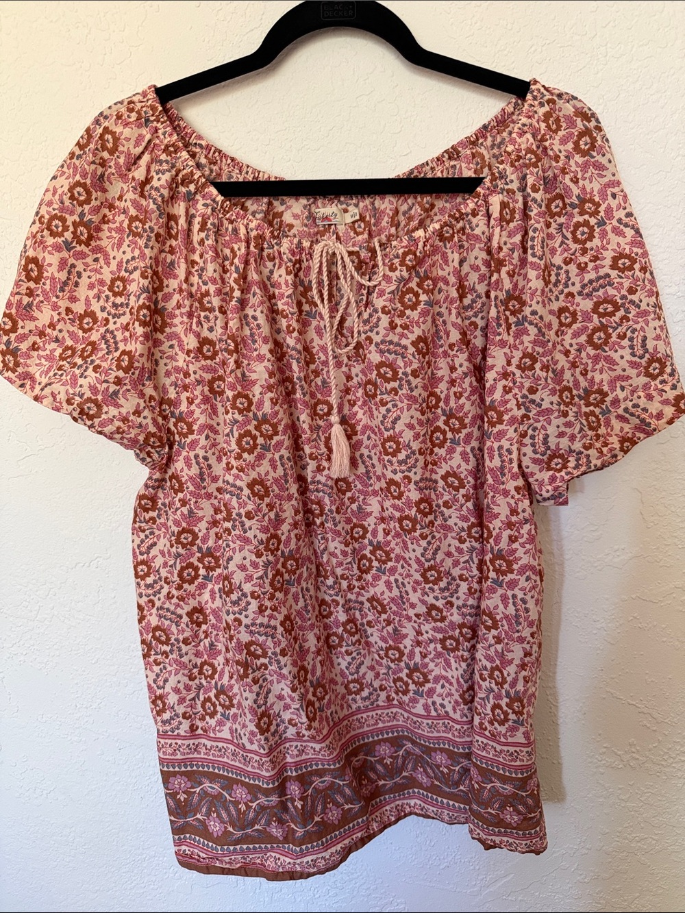 Faherty Pink Floral Peasant Tunic with Tassel Tie